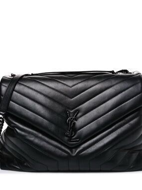 Saint Laurent Black Quilted Chevron Shoulder Bag with YSL Logo